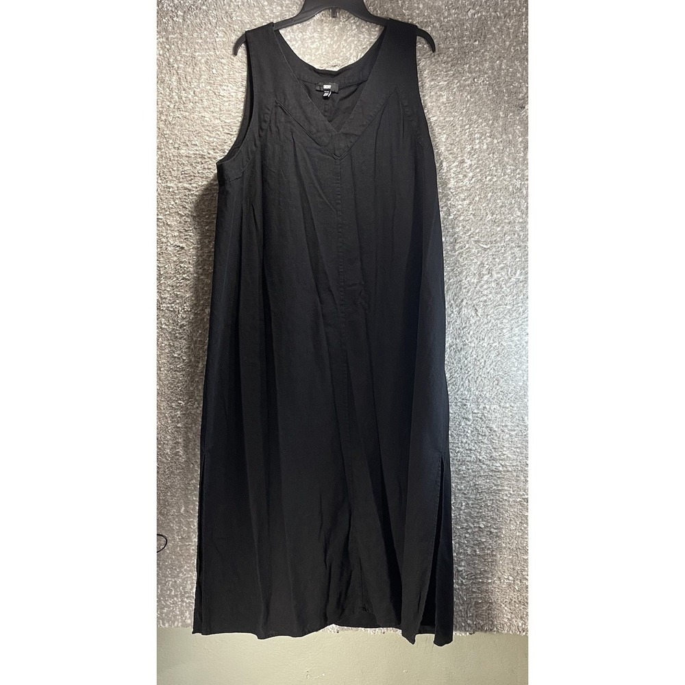 DKNY Midi Dress XXL Black Linen Blend V-Neck Lagenlook Minimalist Capsule Coasta